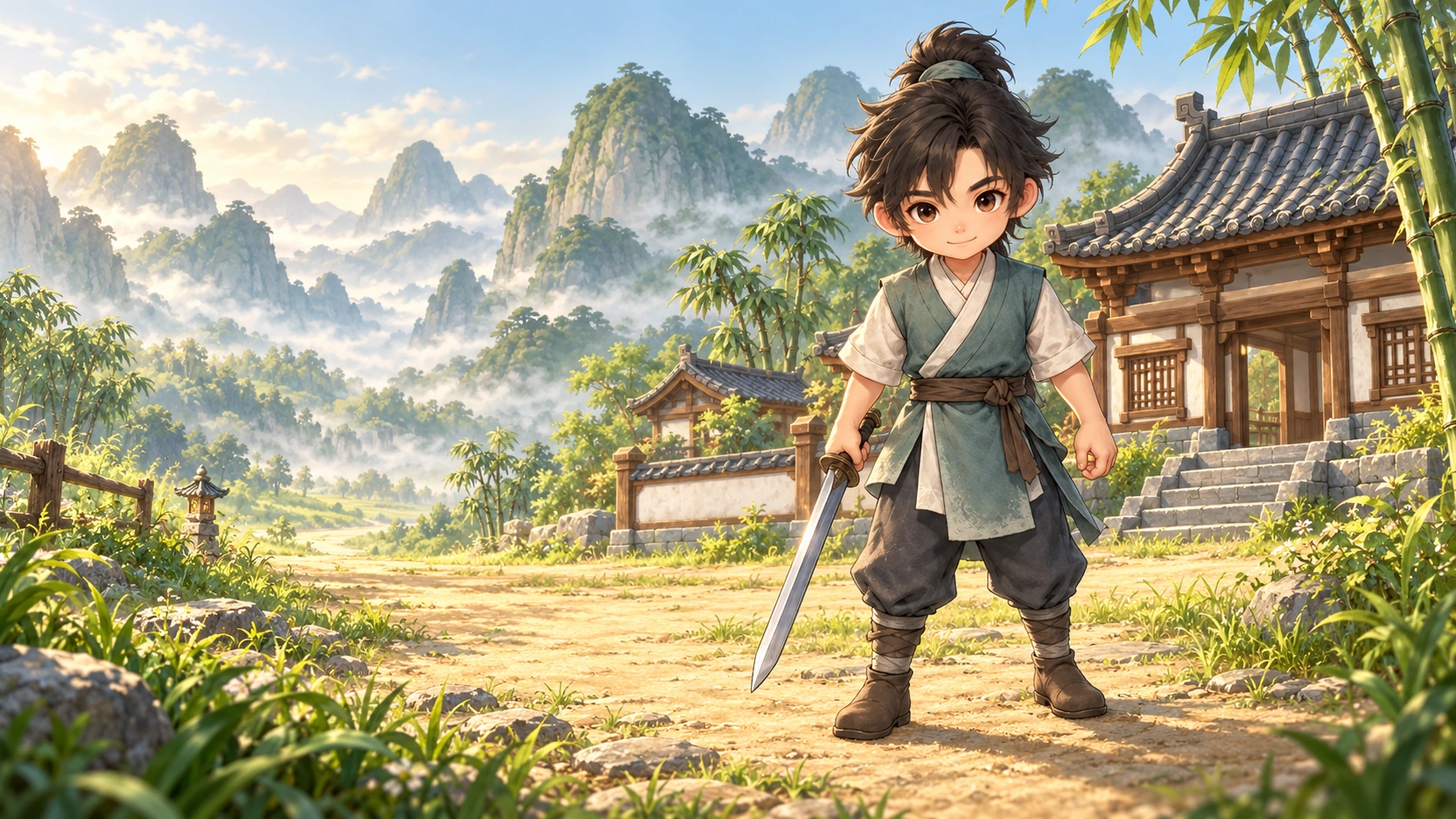 Tang Fantasy Chibi ARPG — Promotional composition · not gameplay